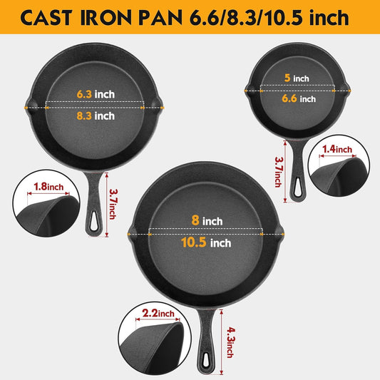 Pre-Seasoned Cast Iron Skillet Set (6, 8, 10 Inch) W/Handles