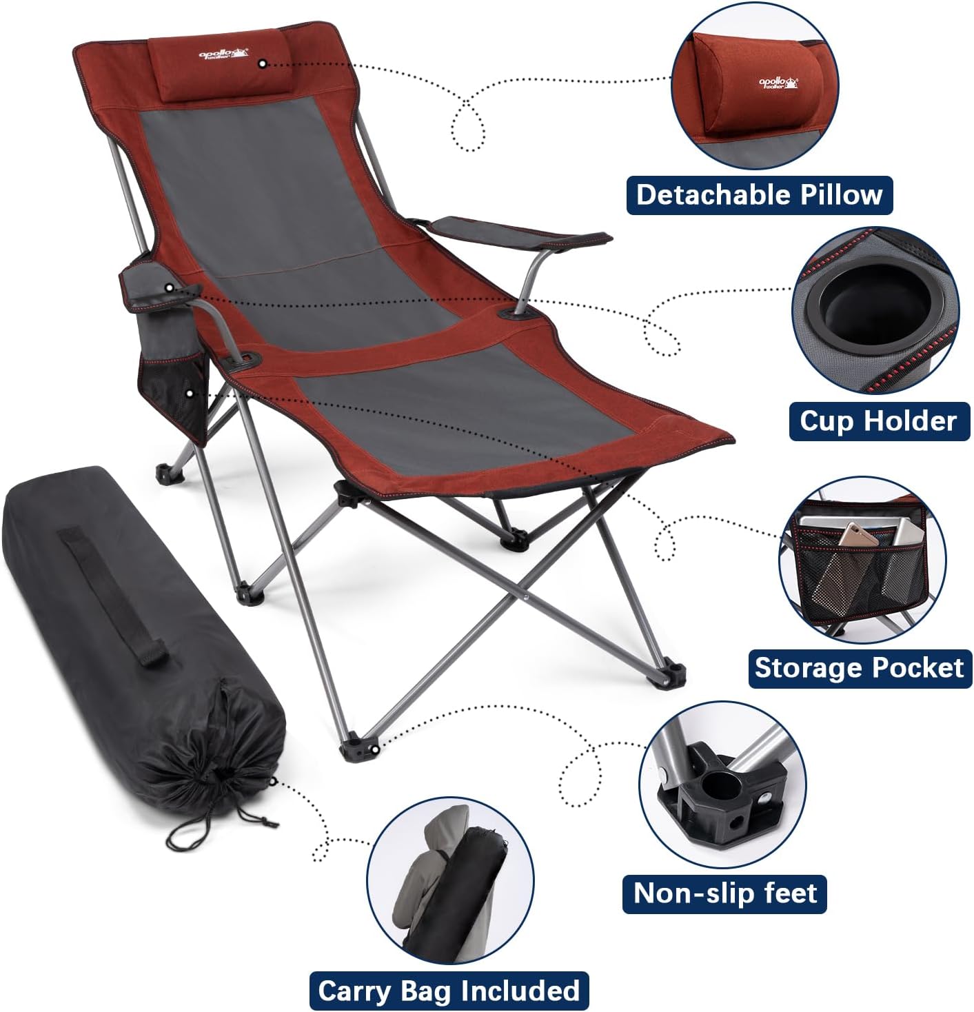 Reclining Lounge Camping Beach Folding Chair W/Foot Rest, Red