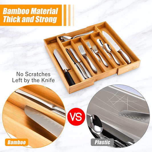 Drawer Organizer Expandable Bamboo Kitchen Utensils Organizer -Natural