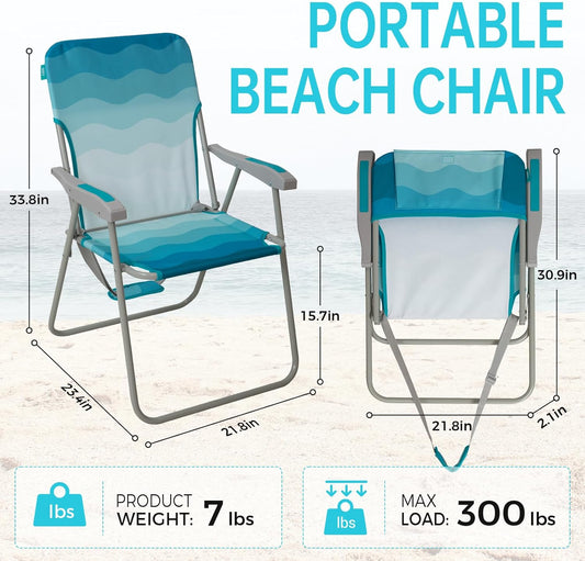 Folding Chair High Back Hard Armrest & Shoulder Straps- Cyan