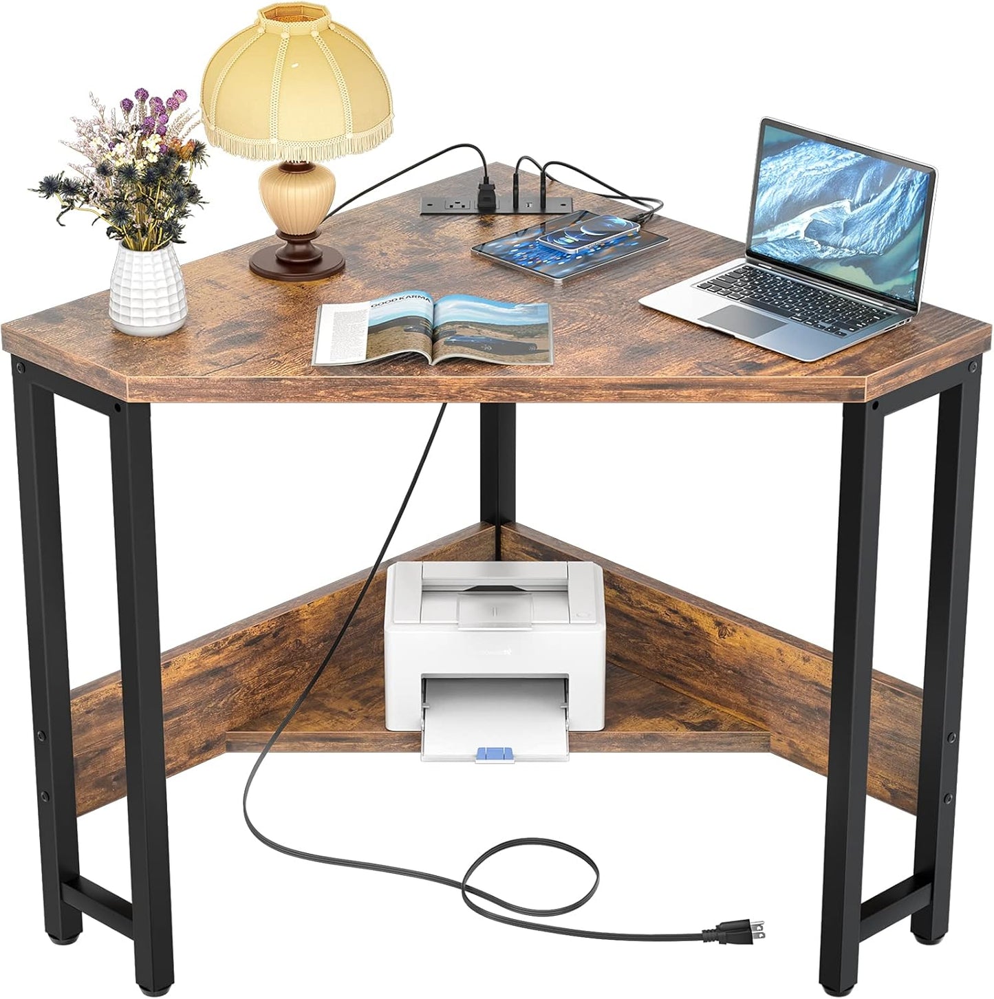 Corner Desk Small Space Computer W/USB & Outlets Triangle Desk