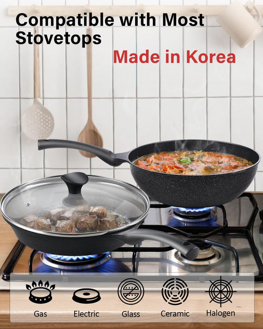 Fry Pan Marble Nonstick Cookware Sauté Pan with Lid, 12" - Black