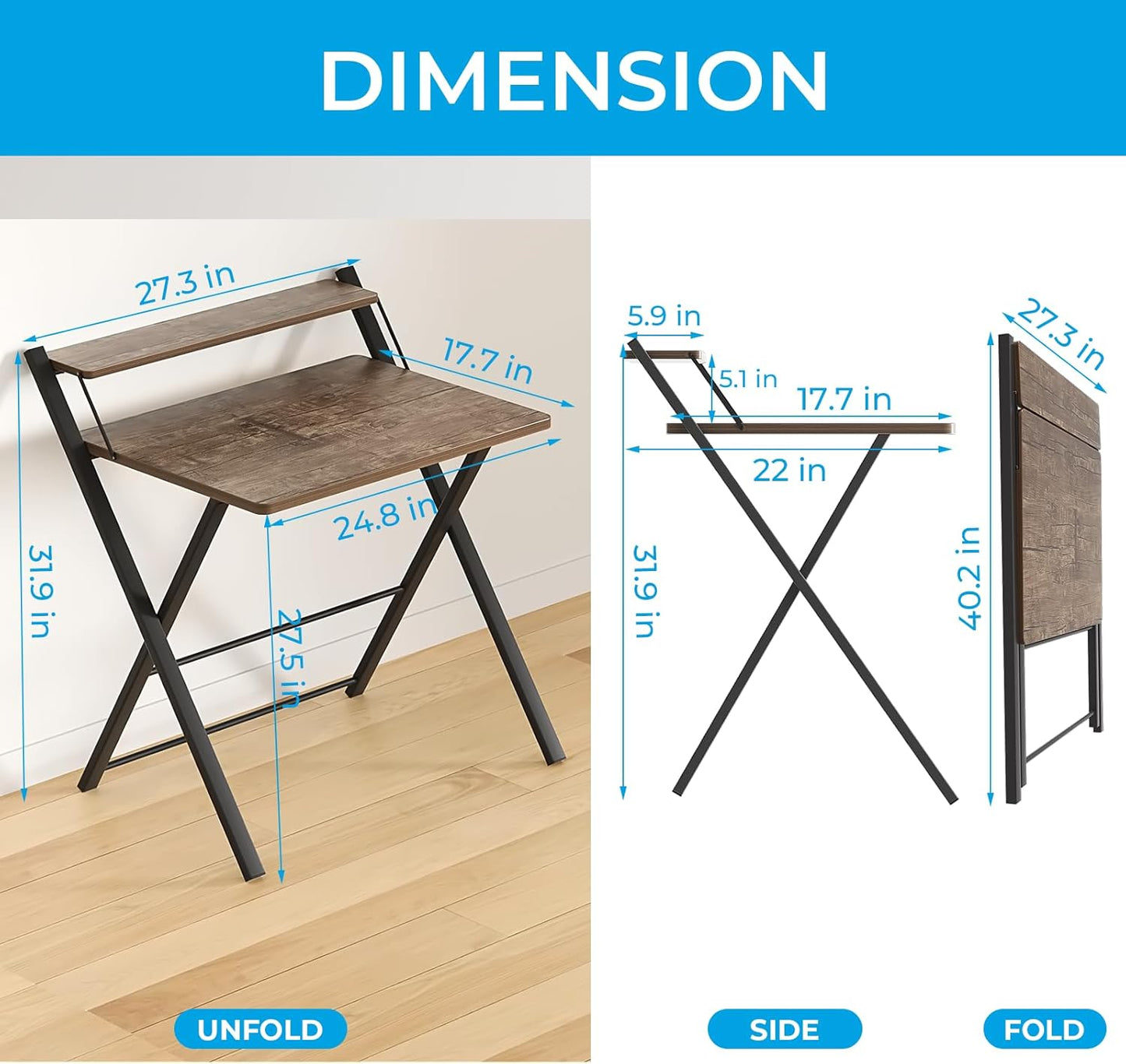 Folding Desk 2-Tier Foldable Small Spaces 27"W Home Office-Brown