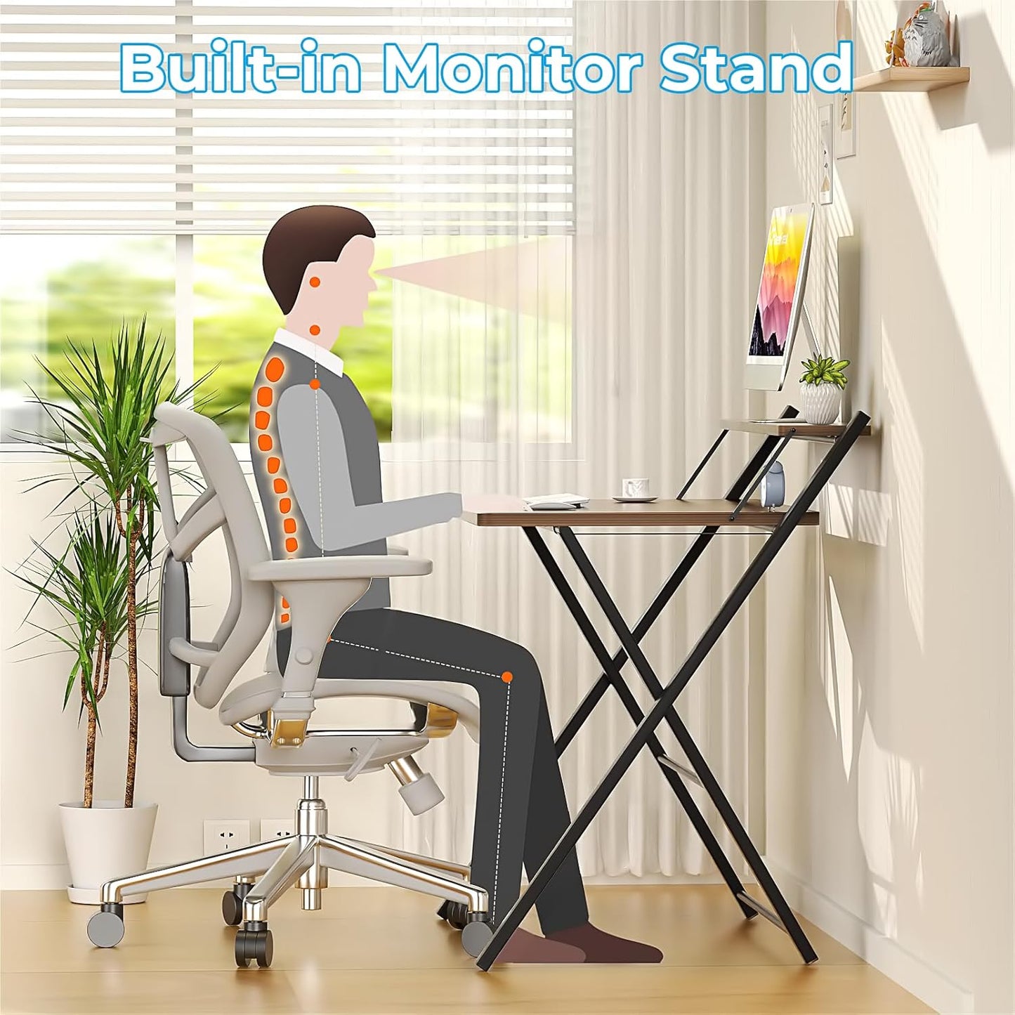 Folding Desk 2-Tier Foldable Small Spaces 27"W Home Office-Brown