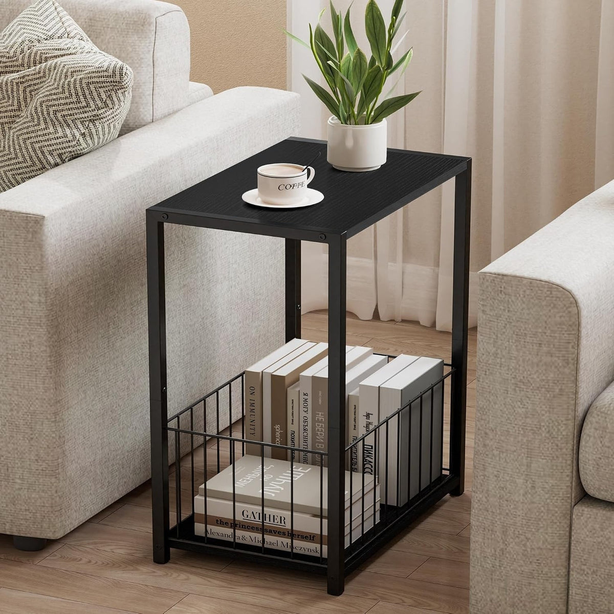 Side Table 2-Tier Stand W/Shelf Storage Bedside End Table, Black