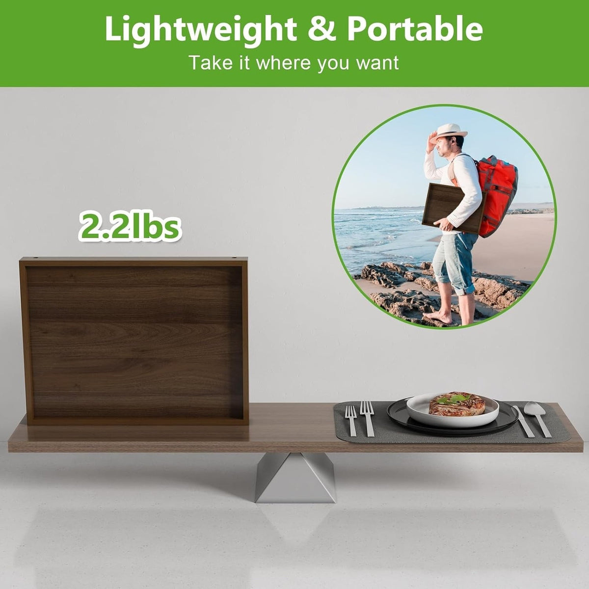 Bamboo Large Tray Folding Legs Bed Breakfast Portable Tray, Brown
