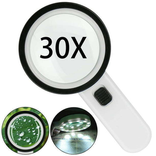 Handheld Magnifying Glass W/12 LED Lights 30X Double Glass Magnifier