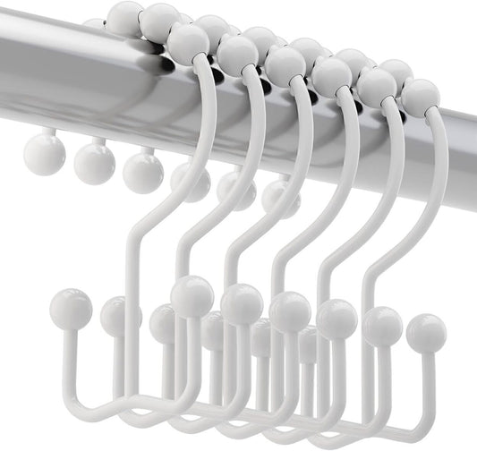 Metal Hooks Double Roller Glide Curtain Hooks Rings, White- Set of 12