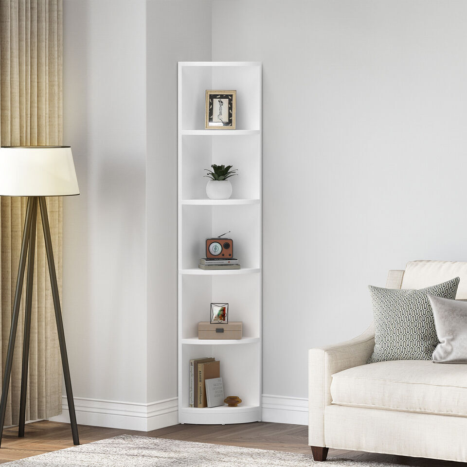 Modern Bookshelf 5-Tier Corner Shelf Open Storage Rack, White