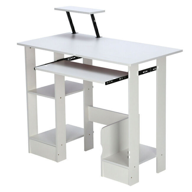 Contemporary White Office Desk with 3-Tier Shelves Workstation