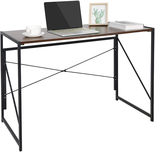 Modern Office Desk Folding Writing Study Wood Metal Desk, Brown