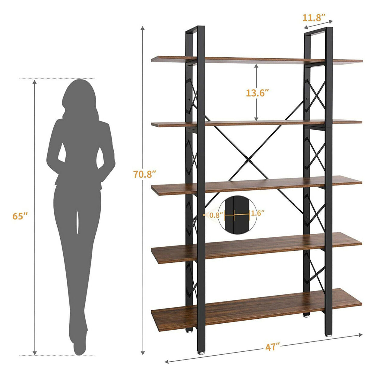 5-Tier Particle Board bookcase Vintage Open Storage Bookshelf