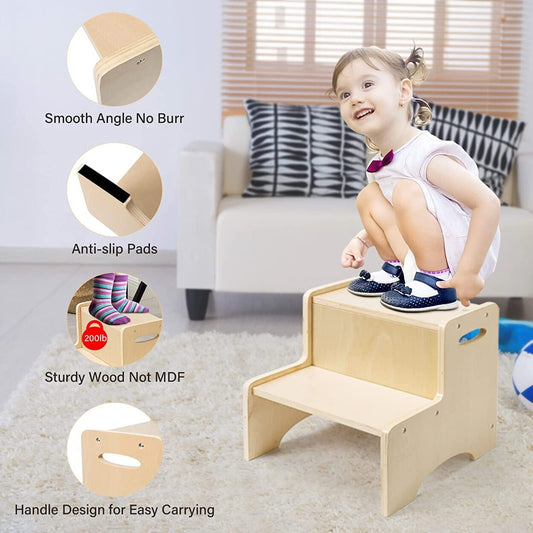 Wooden Two Step Stool With Handles Children Safety Non-Slip Pads Stool