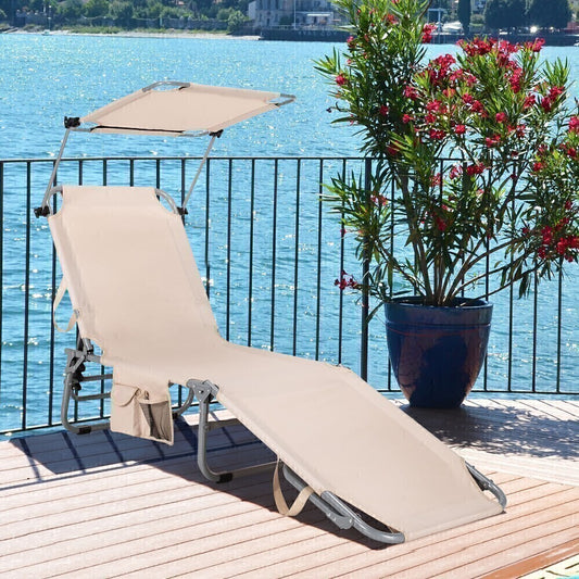 Chaise Lounge W/Sunshade Beach Foldable Adjustable Lounge