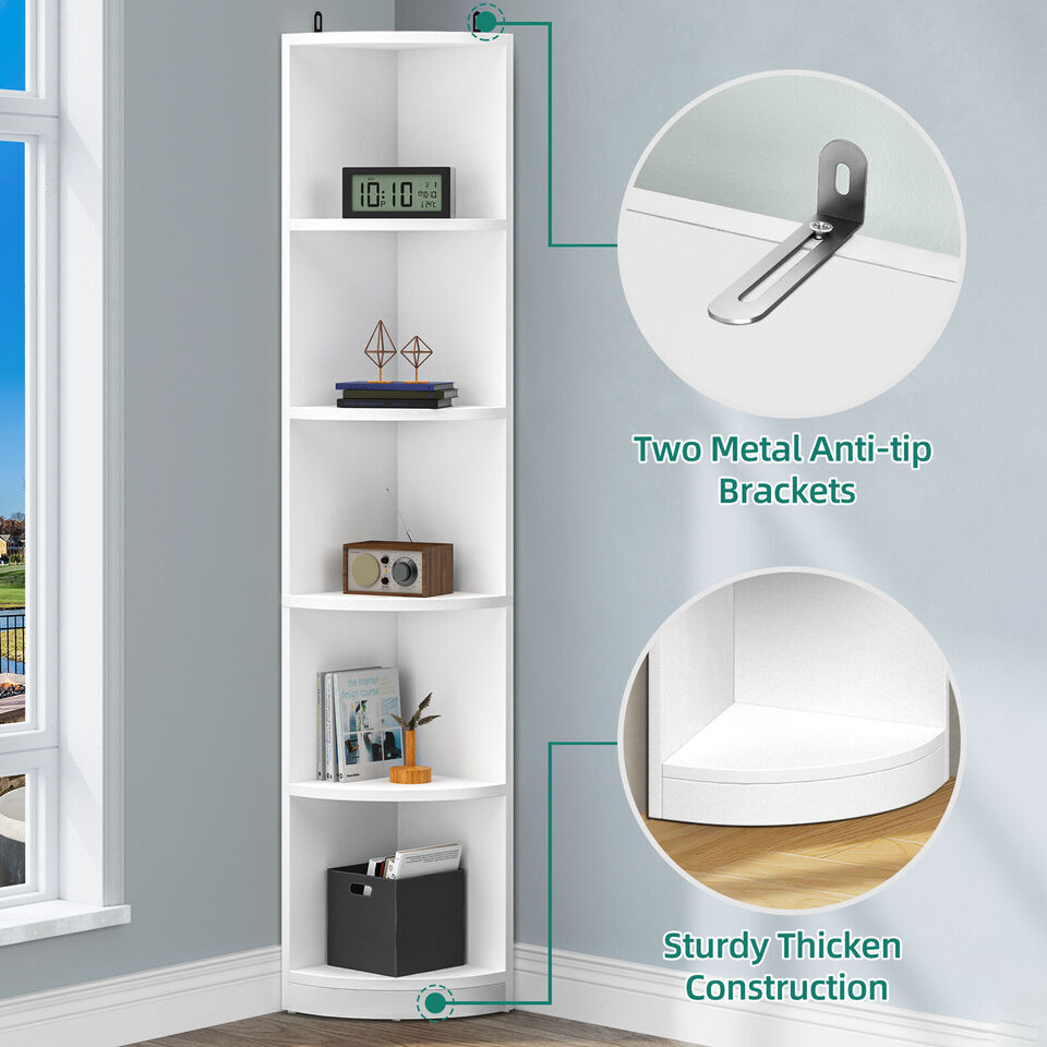 Modern Bookshelf 5-Tier Corner Shelf Open Storage Rack, White