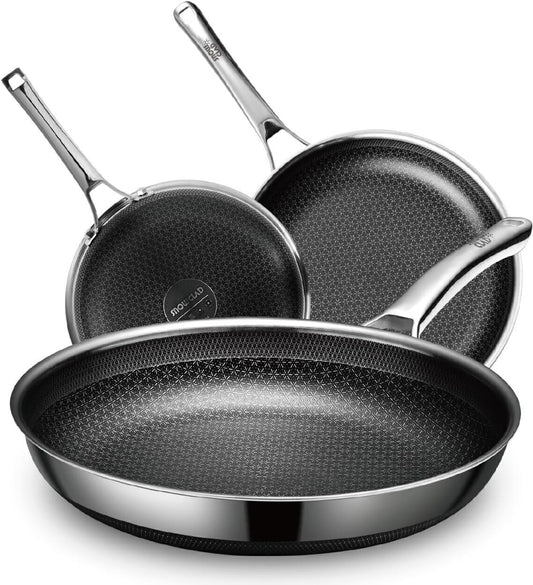 Hybrid Pans Set Nonstick 3 Piece Stainless Steel Set, 8",10"&12"