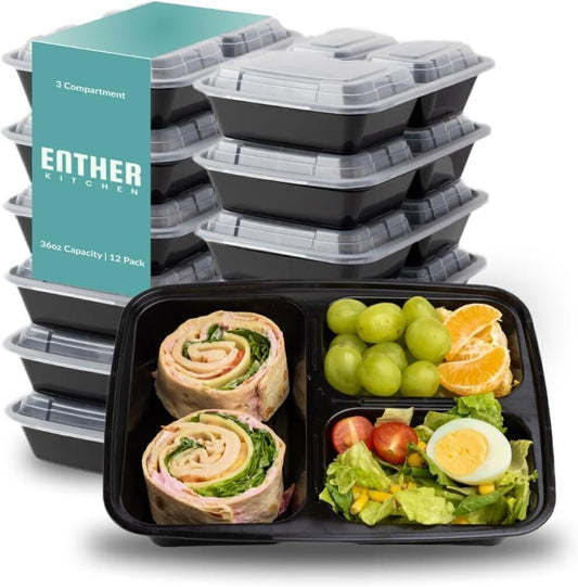 Meal Reusable 36oz Containers 3 Compartment with Lids, 12pk