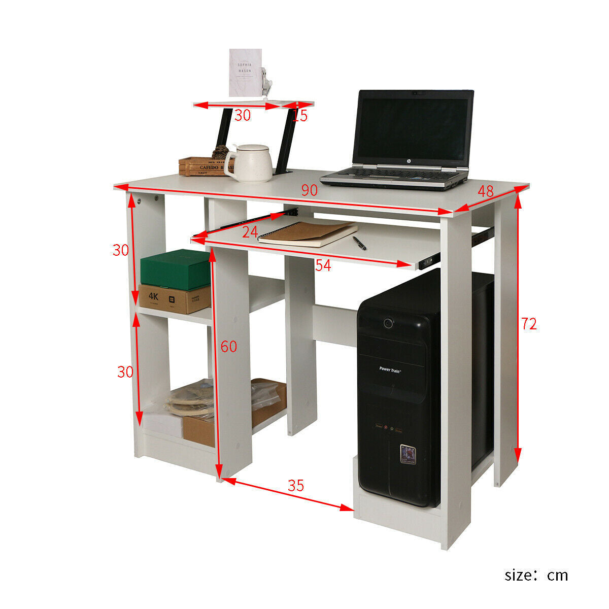 Contemporary White Office Desk with 3-Tier Shelves Workstation