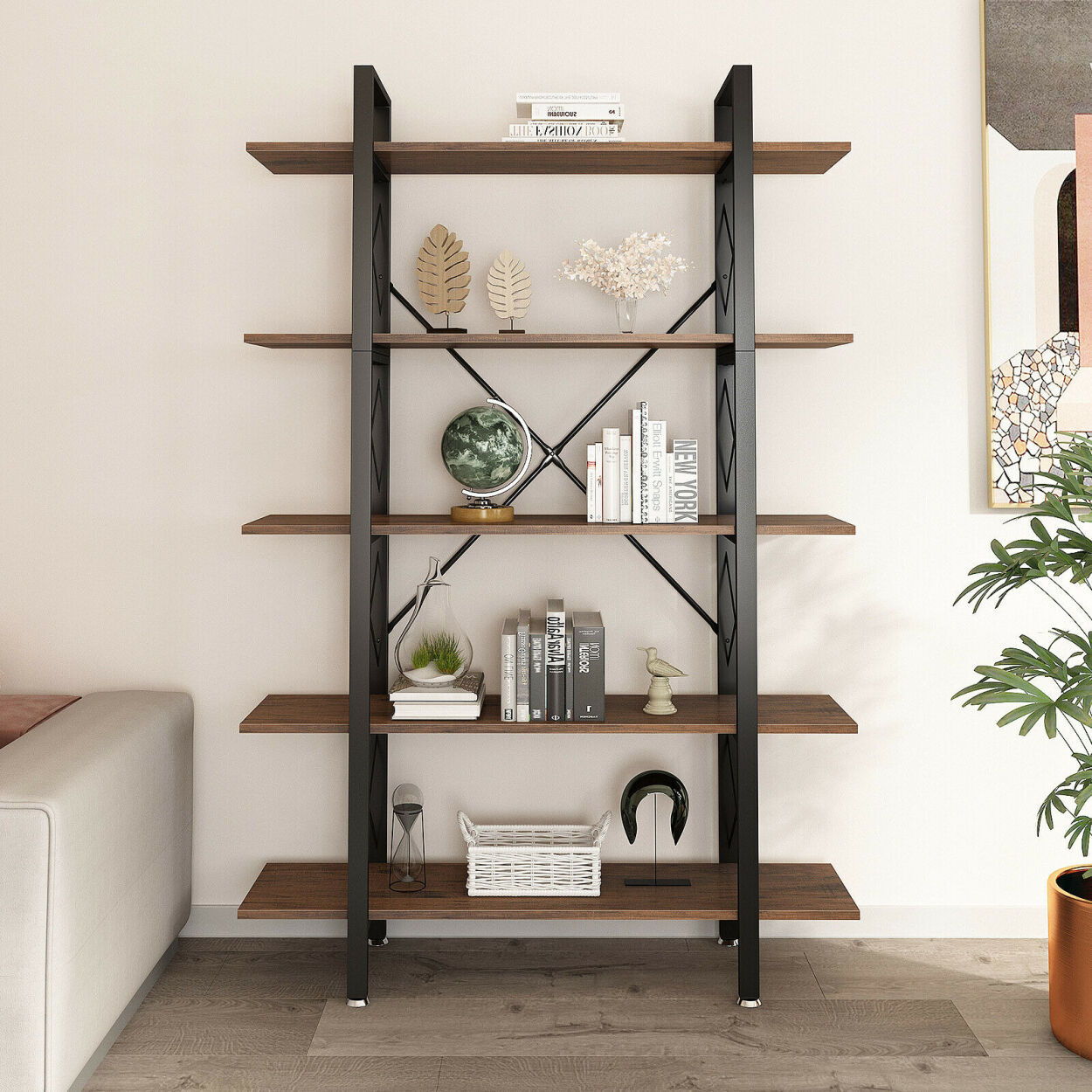 5-Tier Particle Board bookcase Vintage Open Storage Bookshelf