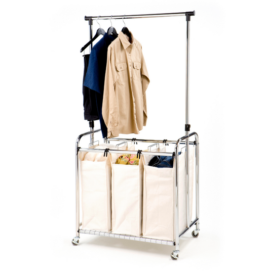 Laundry Hamper Sorter Cart Mobile 3-Bag with Clothes Rack, Chrome