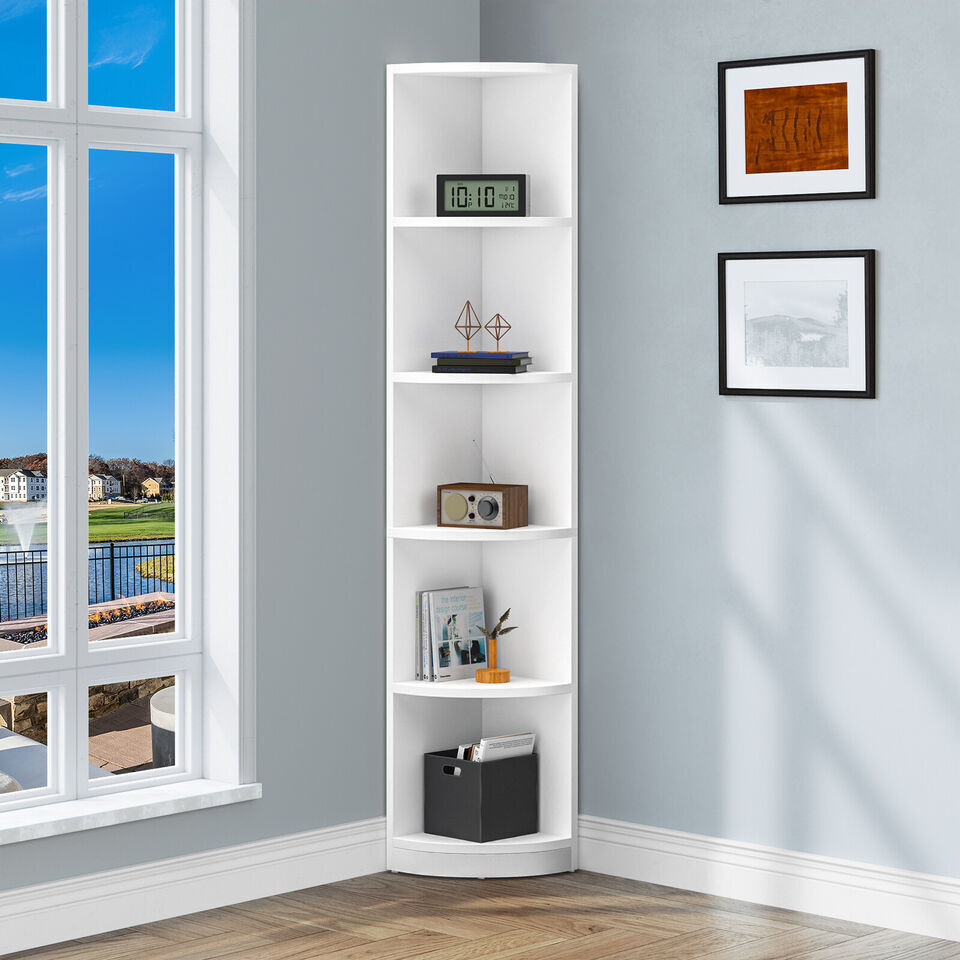 Modern Bookshelf 5-Tier Corner Shelf Open Storage Rack, White