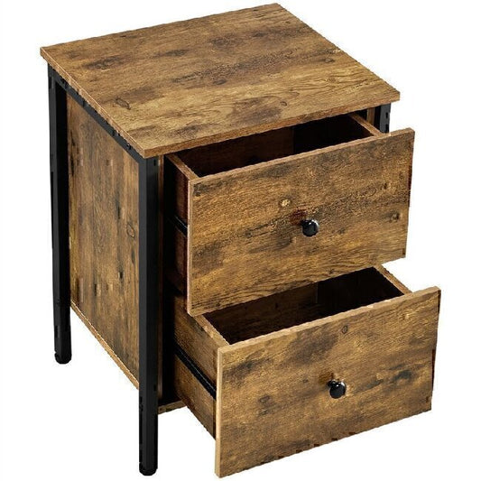 Industrial Side Sofa Wooden Accent 2-Drawers End Table, Rustic Brown