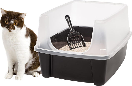 IRIS Open Top Cat Litter Tray W/Scoop & Scatter Shield, Black