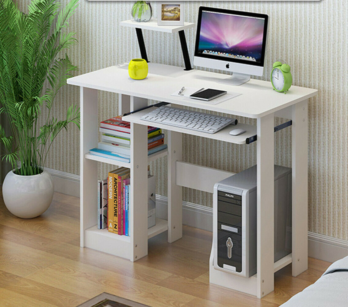 Contemporary White Office Desk with 3-Tier Shelves Workstation