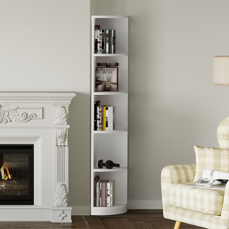 Modern Bookshelf 5-Tier Corner Shelf Open Storage Rack, White
