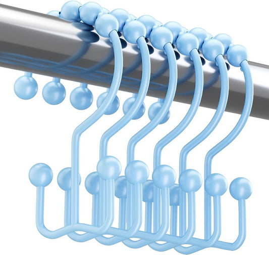 Metal Hooks Double Roller Glide Curtain Hooks Rings, Blue- Set of 12