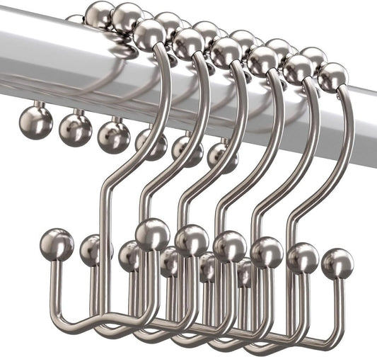 Metal Hooks Double Roller Glide Curtain Hooks Rings, Nickel- Set of 12