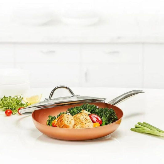 Copper Chef Round Fry Pan W/Glass Lid Non-Stick Coating Pan, 10"