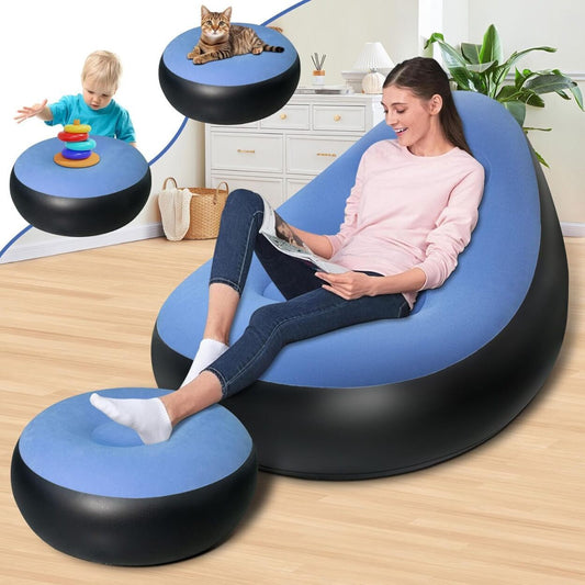 Inflatable Chair W/Ottoman Couch Lounge Blow Up Air Chair, Blue