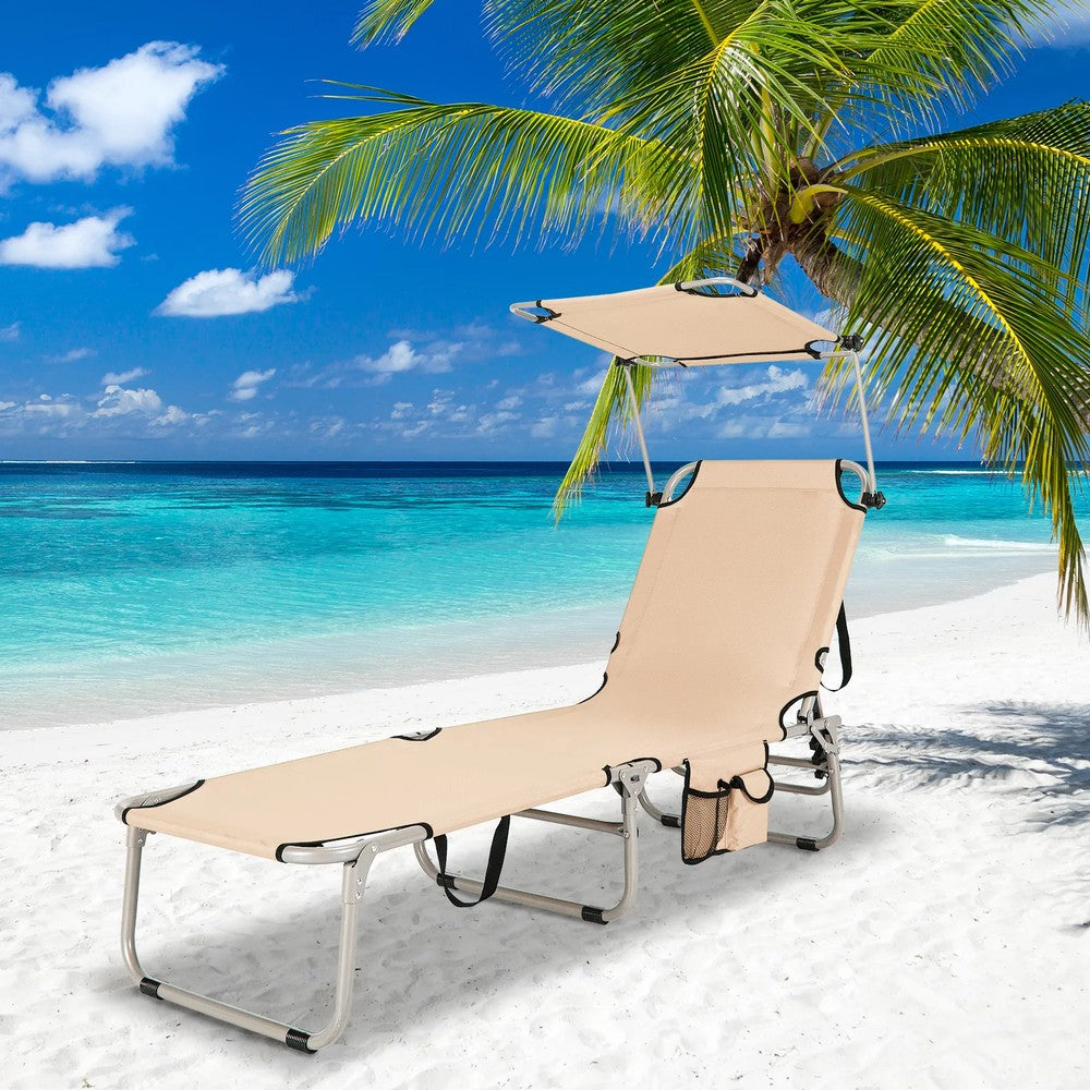 Chaise Lounge W/Sunshade Beach Foldable Adjustable Lounge