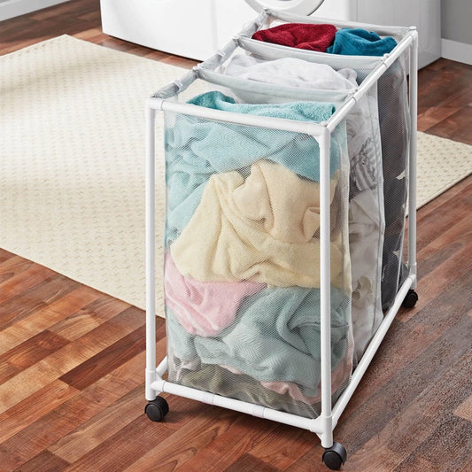 Foldable 3 Bag Rolling Sorter On Wheels Utility Trolley Laundry Cart