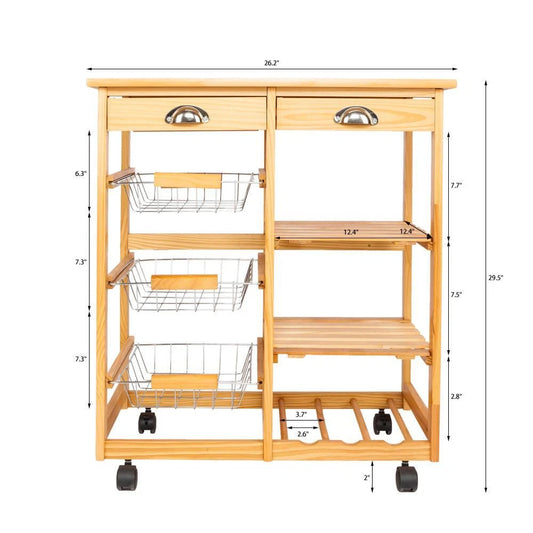 Rolling Kitchen Trolley Cart Wood Storage Shelf With Drawers