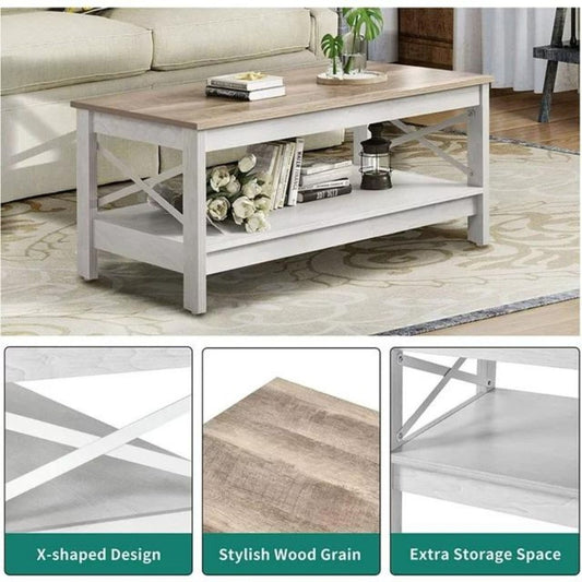 Coffee Table 2-Tier Wood Center Table With Storage Shelf, Gray