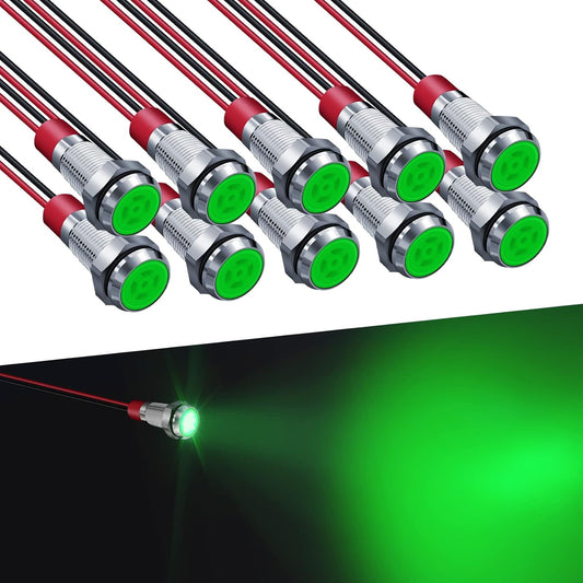 LED Indicator Light 6MM 1/4" Lamp 12-24V LED Light, Green-10PCS