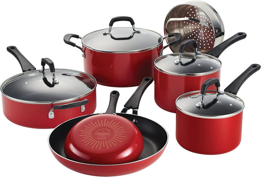 Cookware Set W/Lids 11-Piece Non Stick Pots and Pans Set-Red