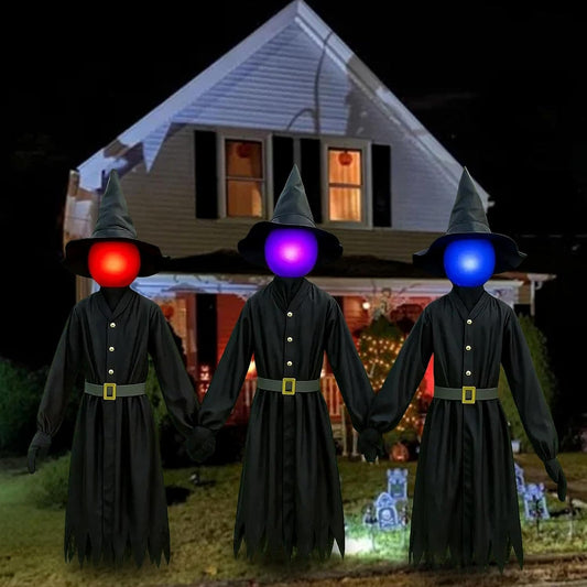 Glowing Face Witches Scary Halloween 3 Light Up 5FT Witches Set