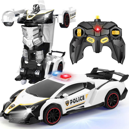 Transformer Robot RC Car One-Button Police Car W/LED Light, Black