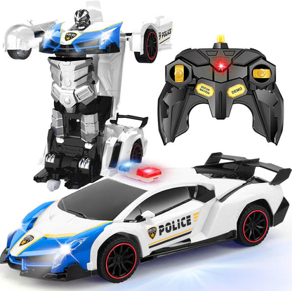 Transformer Robot RC Car One-Button Police Car W/LED Light, Blue