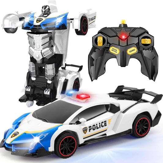 Transformer Robot RC Car One-Button Police Car W/LED Light, Blue