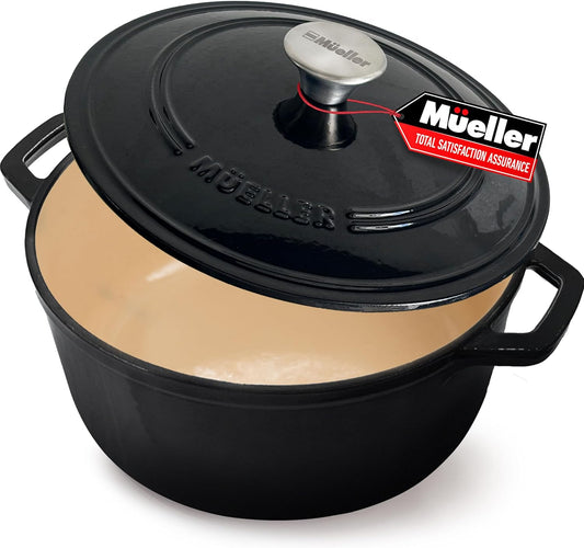 Enameled Cast Iron Dutch Oven Casserole W/Lid, 6 Qt - Black