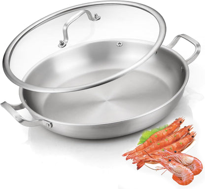 Paella Pan W/Lid Tri-Ply Stainless Steel Large Skillet, 13.5"