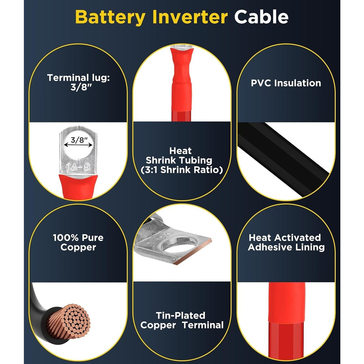 Battery Cable Set 1/0 AWG Pure Copper 5/16" Lug Red & Black-3Ft