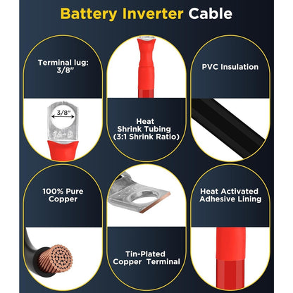Battery Cable Set 1/0 AWG Pure Copper 5/16" Lug Red & Black-3Ft