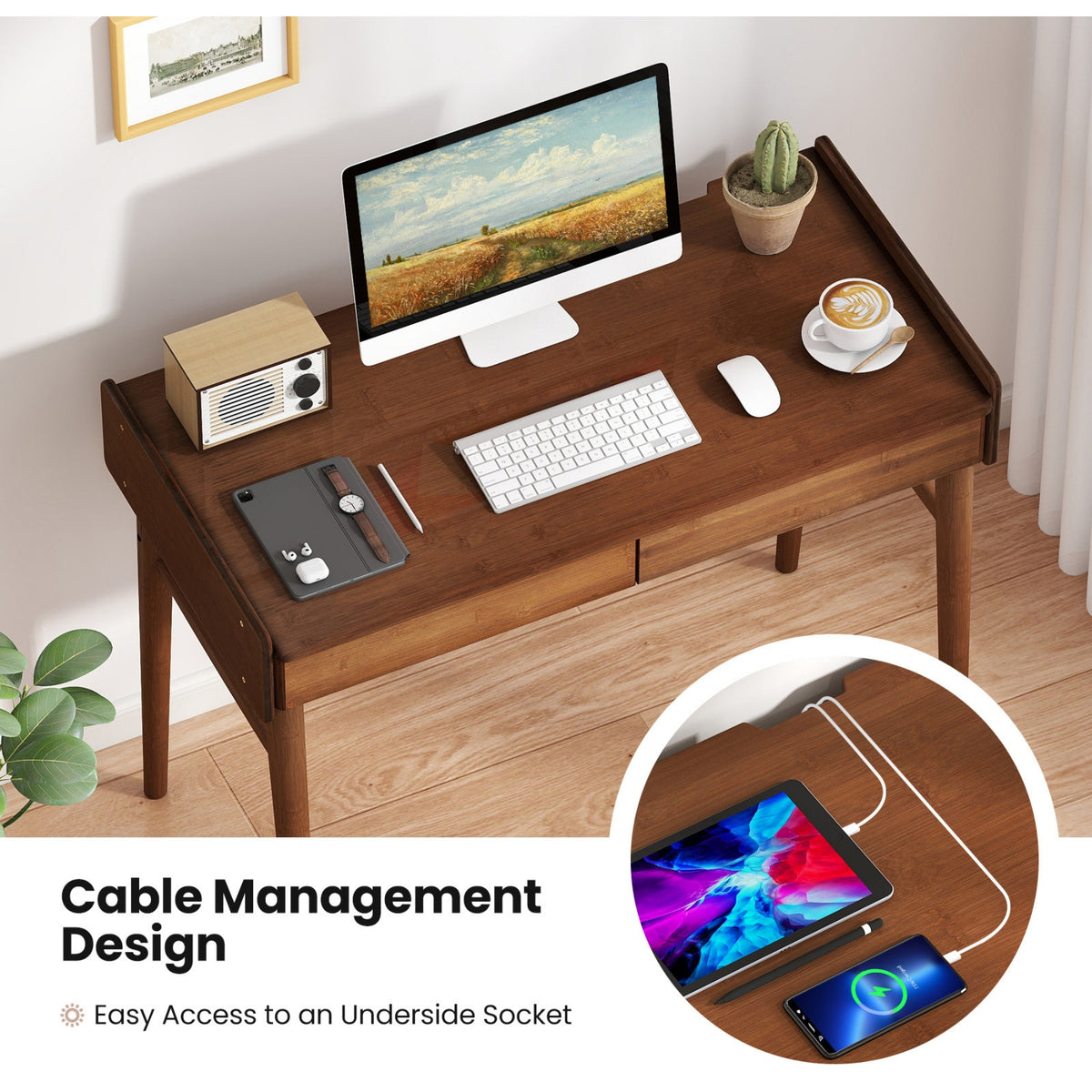 Bamboo Writing Desk W/2 Drawers & Open Shelf Study Desk, Walnut