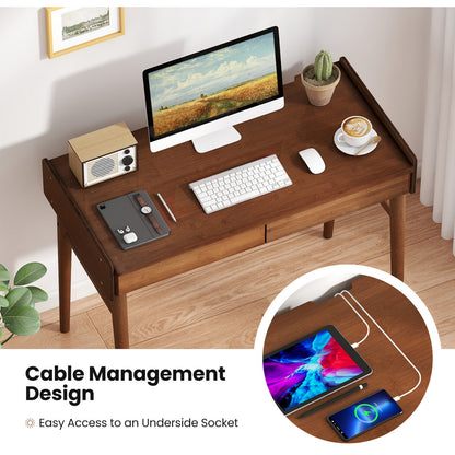 Bamboo Writing Desk W/2 Drawers & Open Shelf Study Desk, Walnut