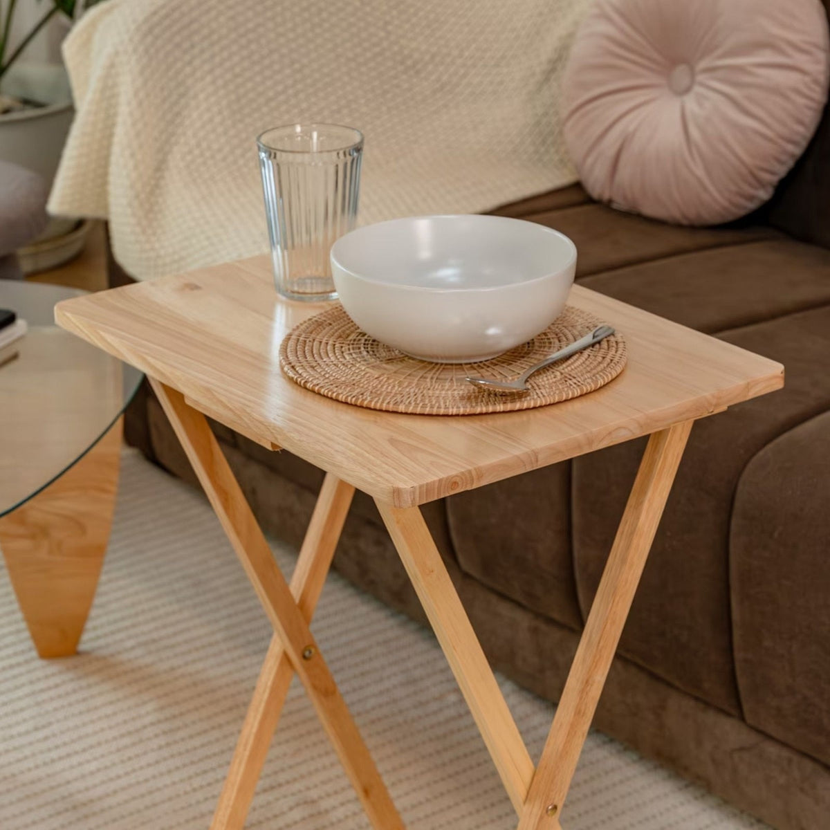 Folding Trays W/Storage Rack 2 Tray Table 3-Piece Set, Natural